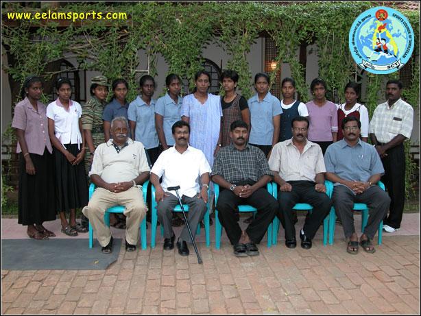 The in-charge of Tamil Eelam sports council Mr. Pappa & Mr. Tamilchelvan with Tamil Eelam Netball team.jpg