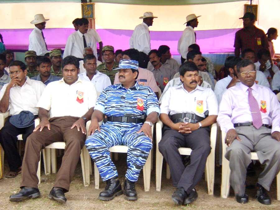 R-L Kilinochchi GA, Head of the VOT, Mr. Thamilanpan and Col. Soosai at the inauguration Thamil Eelam sports festival begins in Kilinochchi TamilNet, Friday, 20 February 2004, 0919 GMT.jpg