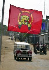 A flag of the Liberation Tigers of Tamil Eelam flies at half-mast, in the Tamil Tiger controlled northeastern Sri Lankan town of Mullaitivu, Friday, Jan. 14, 2005.jpg