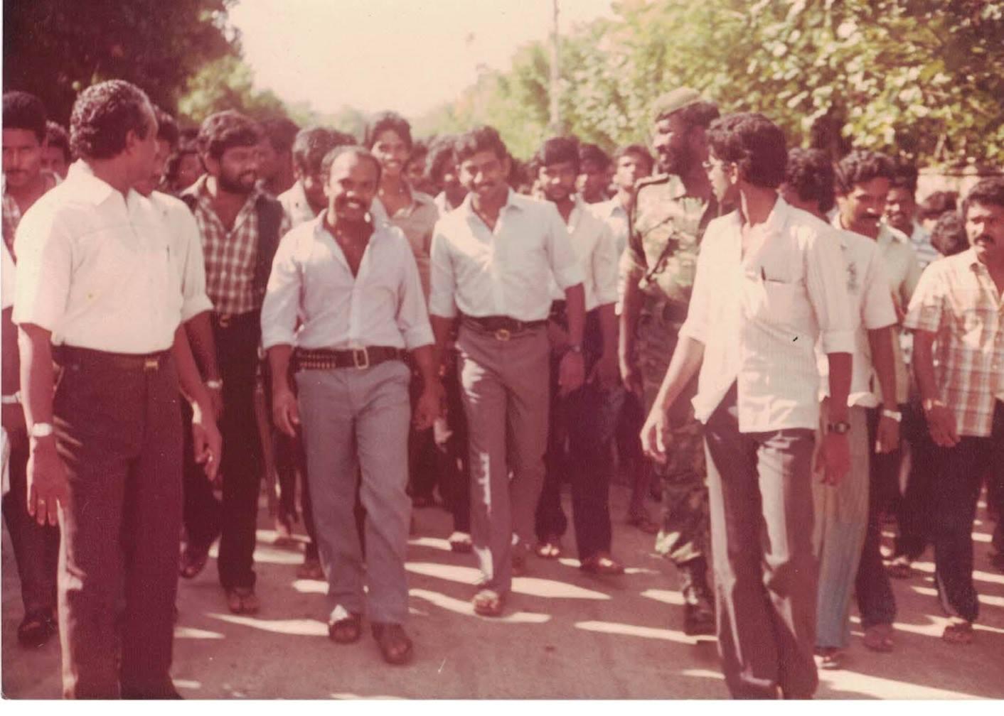 Returning after meeting the Sri Lankan government peace delegation at the KKS Urban council office – December 1986, Kittu, Jeyabalasingham (shipping magnate), Naren, Idea Vasu, SOLT Murali, Santhamani, Captain Kota.jpg