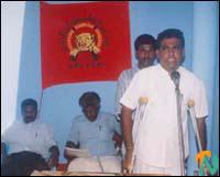 Mr.M. K. Sivajilingam, Jaffna parliamentarian and Mr.Ilamparithi, the head of the LTTE's political office for Jaffna on stage.jpg