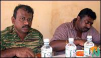 Mr. Thondaman at lunch with Mr. Iynkaran, the official in charge of the administration of LTTE's political wing in Trincomalee  29 March 2002.jpg