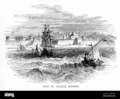 Engraving of Fort St. George (or historically, White Town) a fortress at the coastal city of Chennai, India. Founded in 1639, it was the first English (later British) fortress in India, published circa 1880.jpg