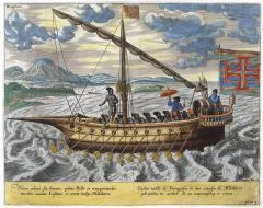 M. Parao | 1596/hand-colored engraving from Jan Huygen Linschoten's Itinerario. Dutch: Fusta, which was used by the Portuguese and their enemies, the Malabares, for trading and warfare | Latin: Swift-sailing ships or Biremes, used.. (same as before)