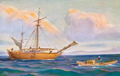 coromandel Thoni 19th centuary - and a kattumaram loading goods to it