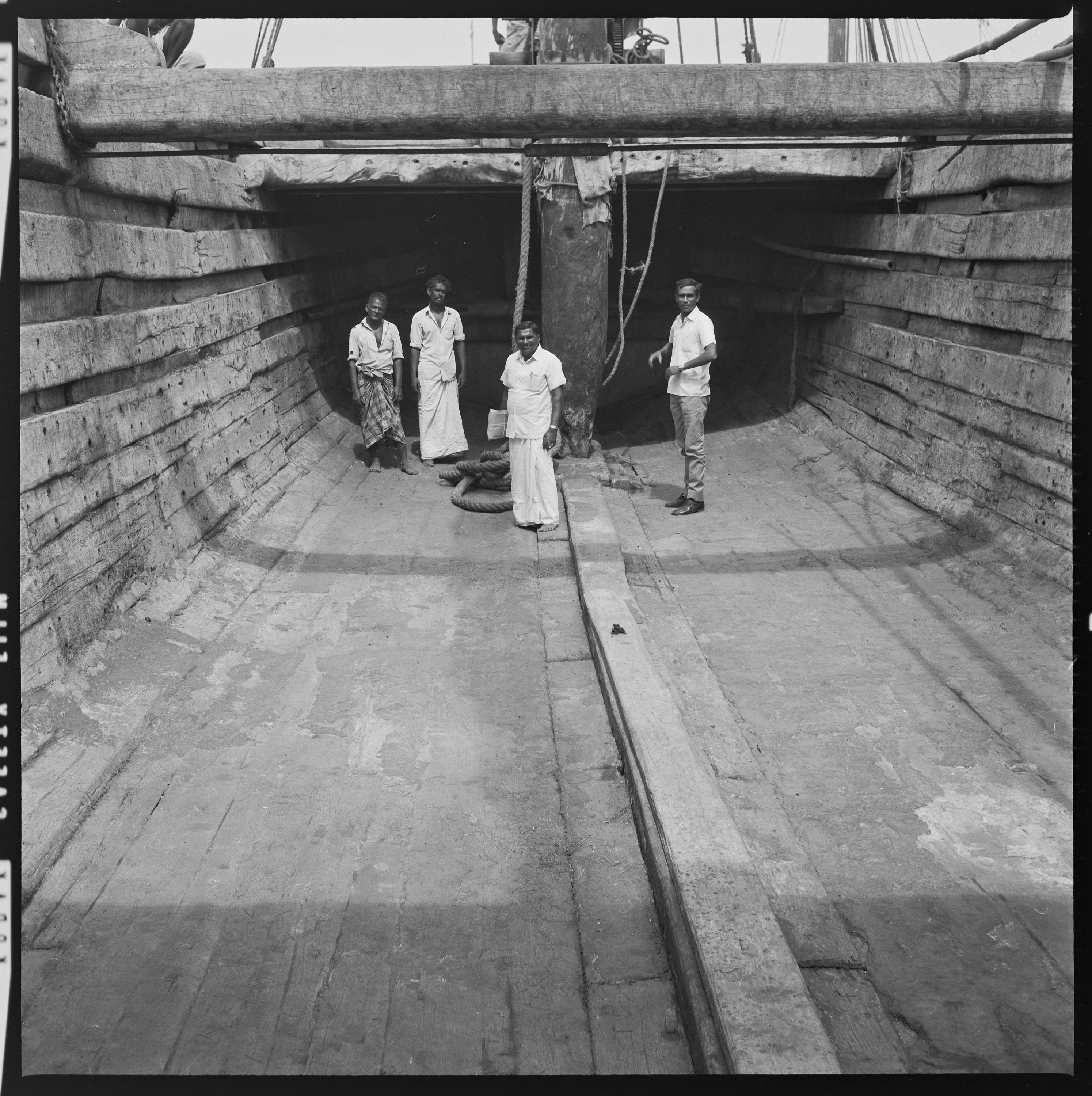 Interior of thoni hold, Tuticorin, India, 1973.jpg