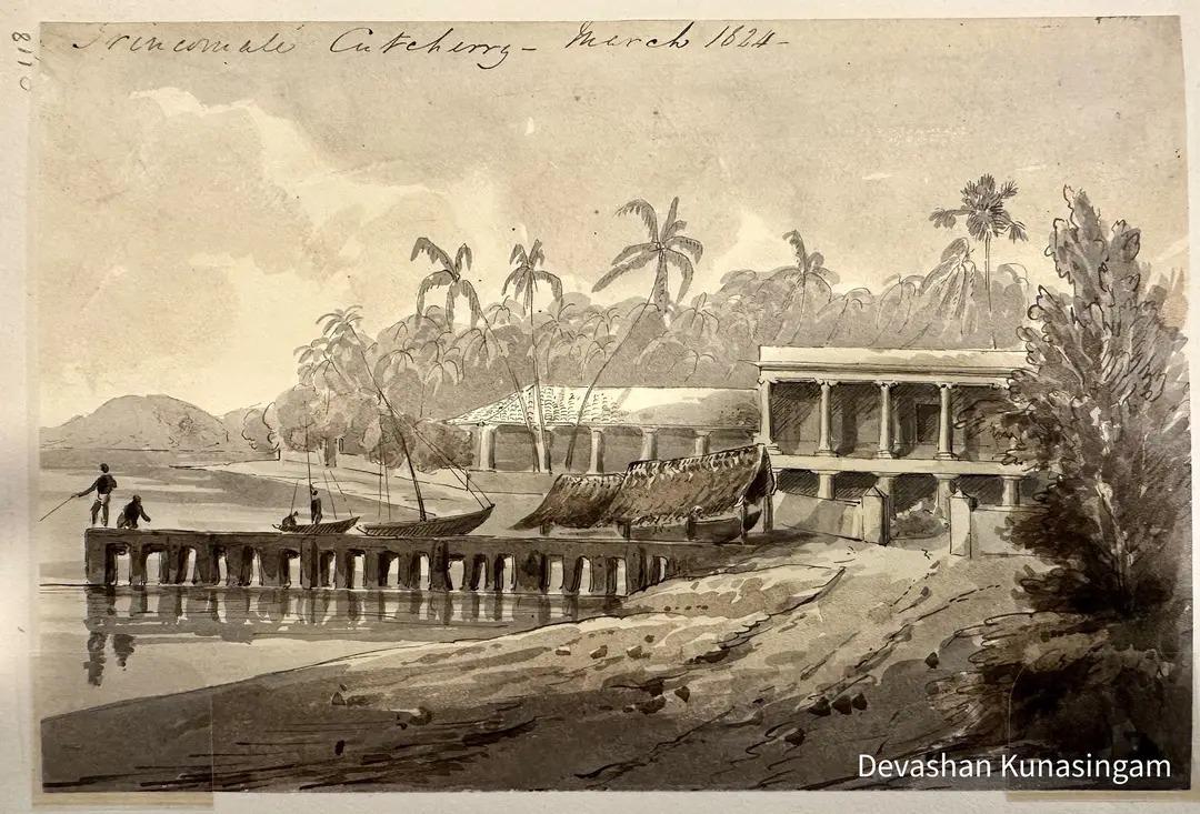 Trincomalee Catchery, March 1824 | Capital of Tamil Eelam - Two unidentified boats are seen parked near the shore
