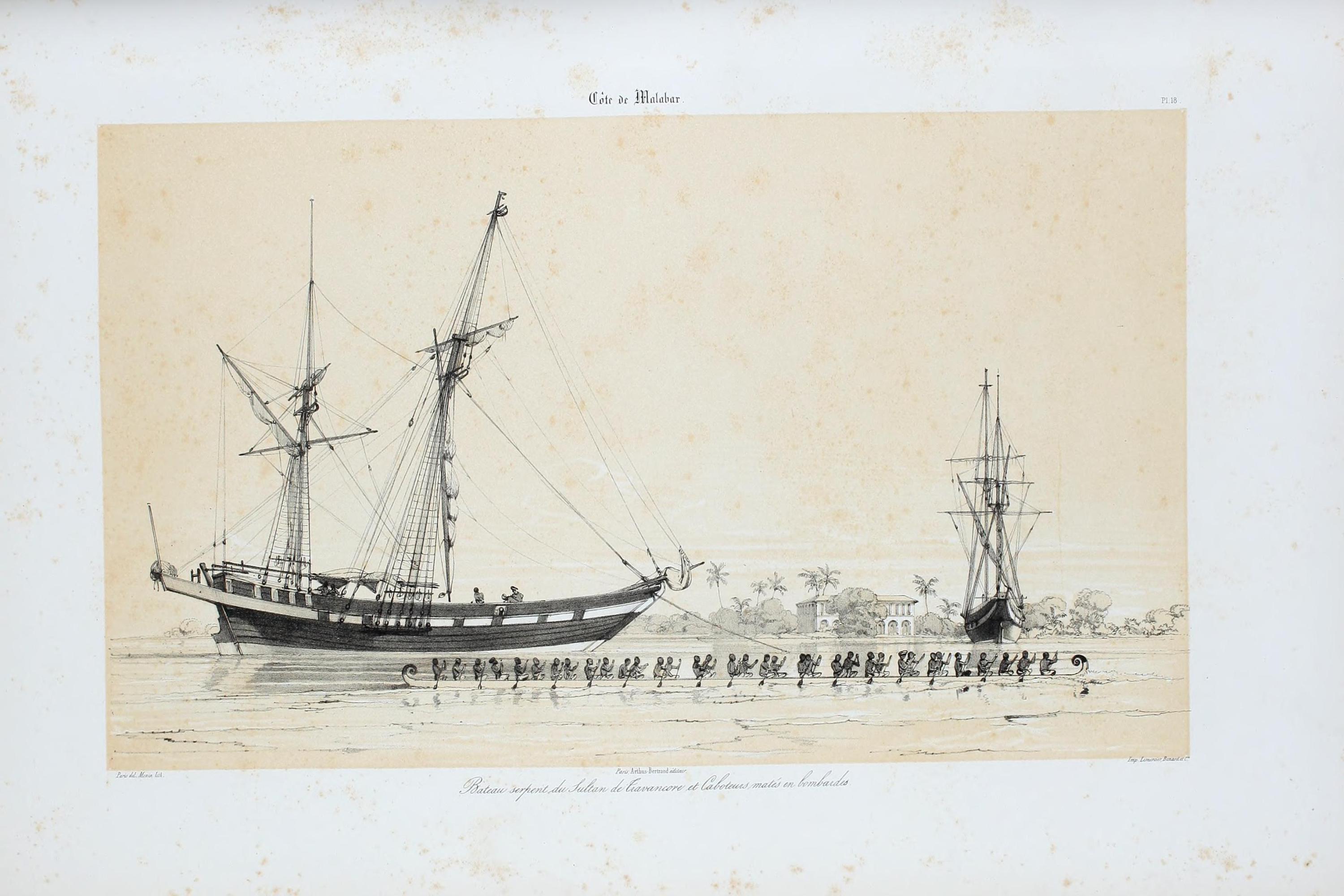 Essai sur la construction navale des peuples extra-européens  ou, Collection des navires et pirogues (15)| French text translates to: Serpent boat of the Sultan of Travancore and boats mounted with bombards.