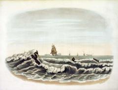 This hand coloured aquatint was produced by Hassell, after a sketch by Charles Gold. Printed by Bummey & Co in England on the 15th January 1800 and published by G & W Nicol in 1806, the print depicts Madrassan men surfing breaking waves on 'maram'